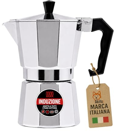 AKITAInk Caffettiera Moka Induzione 3 o 6 Tazze, Macchina per Caffè Tradizionale Compatibile con Piani a Induzione, Gas, Elettrico e Vetroceramica, Compatta e Pratica per Uso Quotidiano