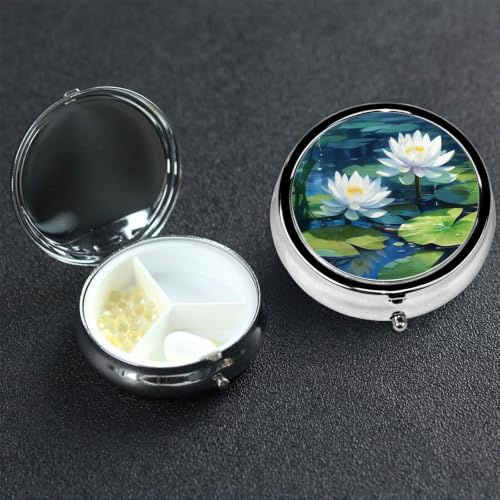 Pill Box 3 Compartment Metal Medicine Pills Organizer Watercolor of Water Lilies Pill Case for Purse or Pocket Mini Portable Travel Pills Holder to Hold Supplements Vitamins Fish Oil