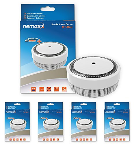 Nemaxx detectores de Humo M1-Mini sensibles, fotoeléctricos con batería de Litio Tipo DC3V según DIN EN14604, Color Blanco, 4 Unidades, Set de 4 Piezas
