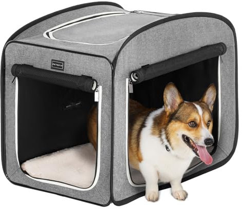 Petsfit Hundebox Pop-up-Design, für mittlere Hunde mit Plüschkissen und Aufbewahrungstasche, Hundetransportbox aus Stoff,Hellgrau,68x45x55cm