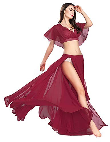 ROYAL SMEELA Bauchtanz Rock Top Damen Bauchtanz Kostüm Set für Frauen Sexy Schlitz Tanzen Chiffon Rock und Top Bauchtanz Outfit Kleid Oberteil Röcke Anzug