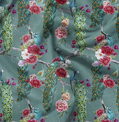Soimoi Popeline de Coton Tissu imprimé Fleurs et Oiseaux Paon imprimé Artisanat Tissu au mètre 56 Pouces Large