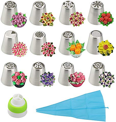 Log-Cabin Russian Piping Nozzles 14 Pack Large Cake Flower Icing Tips Silicon Bag Coupler DIY Decorating