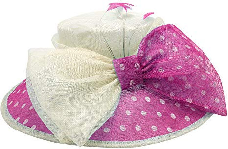 Chapeau Capeline Mariage Ceremonie Gros Noeud Plume Pois Rose Fushia
