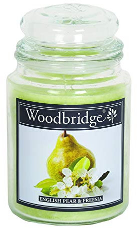 Woodbridge Große Duftkerze im Glas mit Deckel | English Pear & Freesia | Duftkerze Fruchtig | Kerzen lange Brenndauer | Raumduft für Zuhause | Kerze 2 Docht