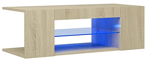 Tidyard Meuble TV avec lumières LED, table basse avec bandes LED, moderne pour salon, meuble TV avec tiroirs, 90 x 39 x 30 cm, couleur chêne sonoma