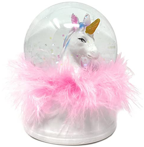 Schneekugel Einhorn Kopf mit Glitzer - Schüttelkugel aus Glas | Dekofigur Unicorn mit LED Licht, Glitter & Federn in Pink | Deko Pferd Kugel Snowglobe Höhe 9 cm [1 Stück]