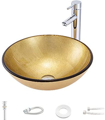 APENCHREN Decorazione per lavabo da appoggio in Vetro Rotondo da appoggio, Oro | 42×42×15 cm,setB