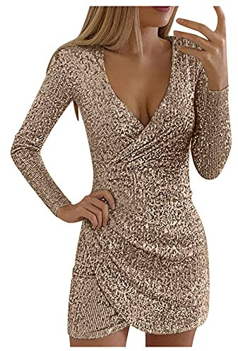 MANGGUO Pailletten Kleider Knielang, Damen Kurz Glitzerkleid Langarm V-Ausschnitt Glänzende Kleider Sexy Partykleid Cocktailkleid Bodycon Enges Party Minikleid Wickelkleid Festkleid (braun S)