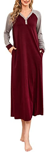 Lovasy Nightdresses for Women UK Long Sleeve Women's Nightdresses&Nightshirts Ultra Soft Nighties for Women Long Nightgowns Ladies Night Dress with Pockets,Wine Red,M