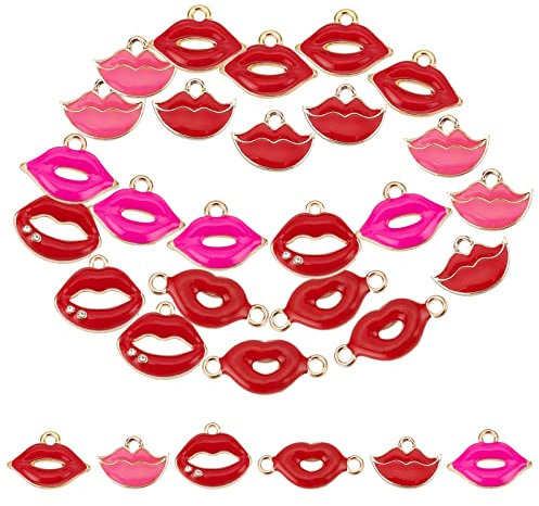 SUNNYCLUE 1 Box 30Stück 4 Stile Lippen Charms Sexy Rote Lippen Anhänger Legierung Emaille Bunt Rosa Kuss Mund Charm Glänzende Strasssteine Für Schmuckherstellung Charms DIY Halsketten Zubehör