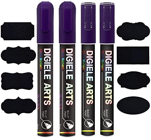 DIGIELE Liquid Chalk Marker Pens Purple, 2pcs 3mm Chalk Pens + 2pcs 6mm Chalk Markers, Dry or Wet Wipe Erase, Thin & Medium Reversible Bullet or Chisel Tip, Pack of 4 Pens with 16 Chalkboard Labels