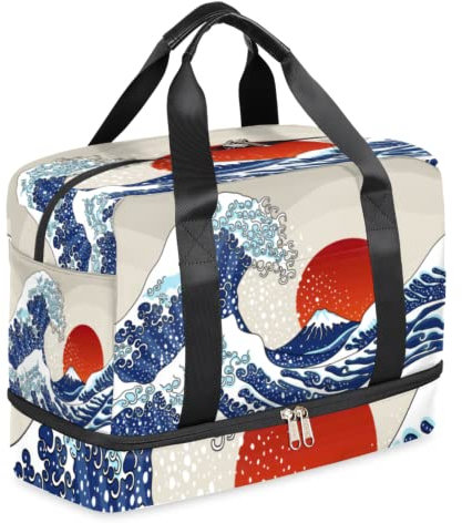 Sporttasche mit Schuhfach, japanische Kanagawa Sonne, Fitnessstudio, Tragetasche, leicht, Reisetasche, wasserdicht, für Damen und Herren
