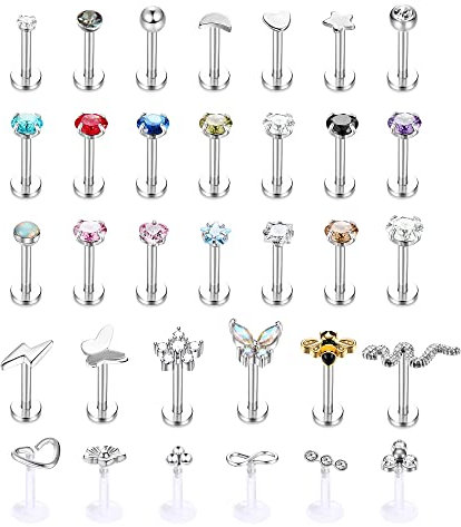 Kakonia 33stk 16G Lippenpiercing Medusa Piercing Edelstahl Lippenringe für Damen Herren Ashley Labret Piercing Lippe Nasenstecker Biene Schmetterling Blume Schlange Tragus Piercing Ohr 8MM