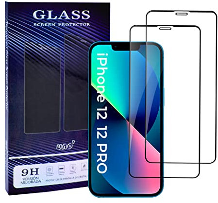 UNO' - 2 unités de protection d'écran en verre trempé compatible avec iPhone 12 et iPhone 12 Pro, verre trempé ultra résistant sans bulles, 9H, cadre noir