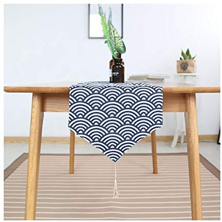 EHOMERY Miniatur Deko Tisch, Tischdecken Blau Weiss Welle Tischläufer Cotton and Linen 30x180CM