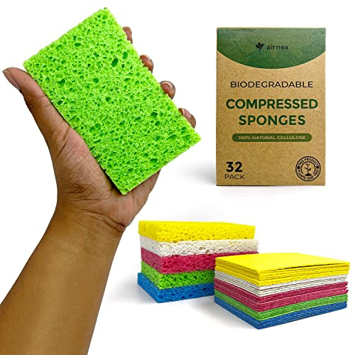 AIRNEX Biodegradable Compressed Cellulose Sponges - Pack of 32 Pop Up Natural Dish Cleaning Tools - Multicolor Non-Scratch, Heavy Duty Multipurpose, Compostable Eco-Friendly