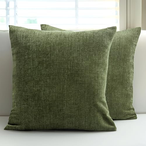 Encasa XO Chenille Kissenbezüge Set von 2 | Moos - (20x20) (50x50 cm) | Dekorative Akzent Quadratische Wurfkissenbezüge Für Couch, Heimdekoration, Sofa