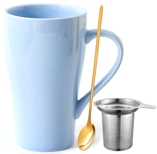 Arawat Groß Tasse 500 ml Teetasse mit Sieb XXL Kaffeetasse Keramik Teetasse Original mit Löffel & Untersetzer 500 ml Kaffeebecher Cute Geburtstagsgeschenk Tee Kaffee Tasse Geschenk (Blau)