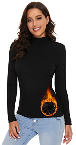 SIMIYA Basic Damen Thermo Rollkragenshirt: Slim Fit Thermounterwäsche Oberteil mit Plüschfutter Kuscheliger Langarmshirt Top Pullover Mock-Ausschnitt(Schwarz,XL)