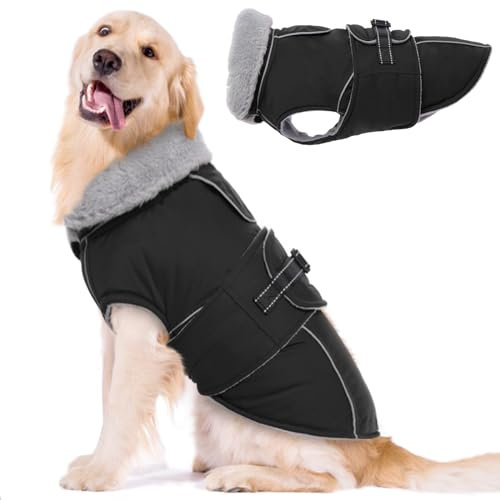 Lelepet Hundemantel Winterweste Reflektierende Fleece Hundejacke für Große Hunde Wasserdicht Hundejacke Wintermantel Warme Winterjacke mit Verstellbarer Schnalle, Schwarz XL