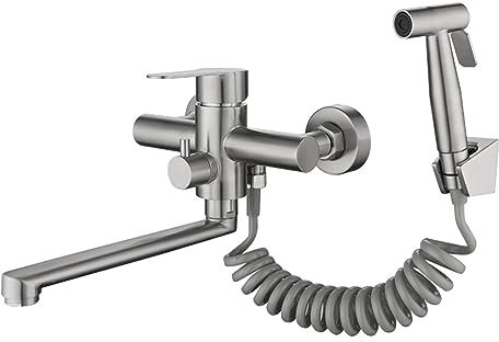 XJTNLB Wasserhahn Küche Wandmontage Ausziehbar 35cm Küchenarmaturen Wandmontage Einhebelmischbatterie Spülarmaturen Küche Edelstahl,Gebürstetes