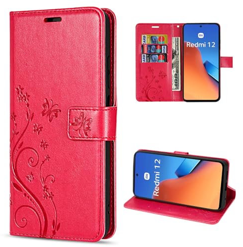 betterfon Hülle Kompatibel mit Xiaomi Redmi 12 | Premium PU Leder Handyhülle Wallet Case für Redmi 12 | Schutzhülle Blumen Klapphülle Handyhülle | Rot