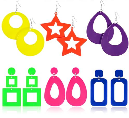 PHOGARY 80er Jahre Ohrringe - 6 Paare Acryl Doppel Neon Hängend für Damen, 70er 80er Neon Schmuck Party Kostümzubehör für Kinder Mädchen BFF Geschenke