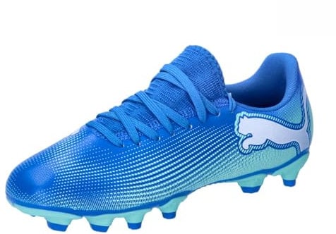 PUMA Unisex Kids Future 7 Play Fg/Ag Jr Soccer Shoe, Hyperlink Blue Mint Puma White, 5.5 UK