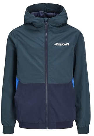 JACK & JONES Jjerush Blocking Hood Bomber Noos Jnr Garçon Veste Bomber, Magical Forest/Detail:navy Blazer/Nautical Blue Blocking, 140