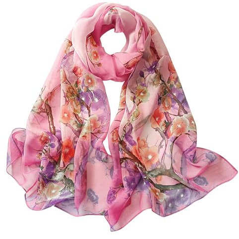 GWAWG Sommerschal Damen Dünn Chiffon Schal Leicht Pflaumenblüte Rot für Strand Alltag Party Bankett
