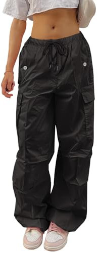 Yuson Girl Cargohose Damen Baggy -Y2K Track Pants Hip Hop Parachute Pants Low-Taille Streetwear Vintage Lang Freizeithose Weite Fallschirm Hose 90er mit Taschen, Kordelzug(Schwarz-2, S)