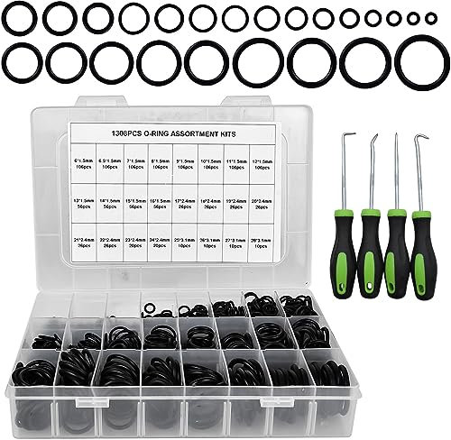 1308 Stück O Ring Sortiment Set: 24 Größen Dichtungsringe Set O-Ringe Dichtungen mit 4 Pick und Hook Kit Nitrilkautschuk Gummi O Ring für Reparatur Schläuchen, Wasserhähnen, Automobilen