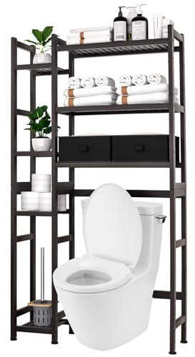 Yorbay Toilettenregal mit 2 Körben, Bambus WC Regal, 3-stöckiges Verstellbar Badregal mit Wasserdichtes Fußpolster, Multifunktional Badezimmerregal, Platzsparend, Einfache Montage (Braun)