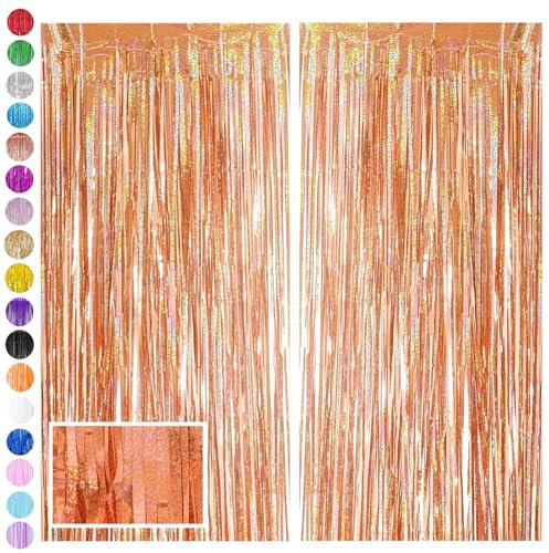 Rose Gold Foil Fringe Tinsel Backdrop Glitter,2pcs 3.2ft x 6.5ft Foil Curtain Decoration,Laser Foil Fringe Metallic Tinsel Door Hanging Foil Flow Silk Streamers for Birthday Wedding Holiday Party