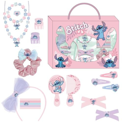 Set de beauté Stitch - Comprend 1 chouchou en tissu, 10 chouchous en tissu, 2 pinces, 3 fourches, 2 brosses, 1 bandeau, 1 collier, 1 bracelet et 1 bague - Multicolore - Produit original conçu en