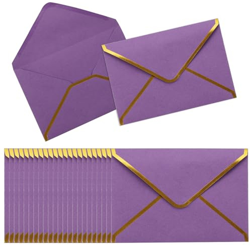 szkoo 100 Stücke 5x7 Einladungumschläge, Lila A7 Umschläge 18.5x13.5cm Miniatur Kuverts Umschläge mit V-Klappe Briefumschläge Goldfolienrand für Hochzeiten, Einladungen & Party
