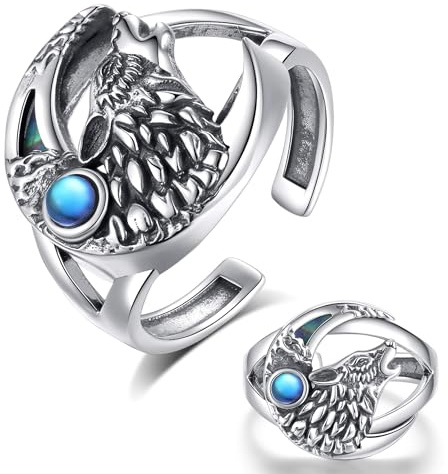 AEONSLOVE Drachen Ringe Silber 925 für Herren Damen, Wikinger Runen Vegvisir/Gothic Totenkopf Ring Verstellbar, Schlange Obsidian/Tetragrammaton Pentagramm/Wolf Offener Ring Vintage