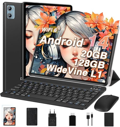 Tablette 10 Pouces Android 14 Tablettes avec 20Go RAM+128Go ROM(TF Extensible 2To), WiFi 6, 5G+2.4G WiFi, Octa-Core, Widevine L1, Bluetooth5.0, GMS Tablette Tactile avec Clavier+Souris et Cas-Noir