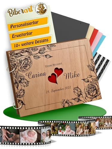 Personalisiertes Hochzeitsalbum mit Ösen I Gästebuch I Fotoalbum zum Selbstgestalten I Leeres Buch aus Holz I 40 DIN A4 schwarzen blanko Seiten I Wedding - Erinnerungsbuch I Zwei Herzen I Hell