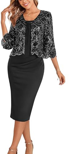 Damen Midi Hochzeitkleid Festliches Kleid mit Pailletten Rüschen Bolero Ärmelloses Hohe Taille Abendkleid für Hochzeit als Gast Schwarz XL