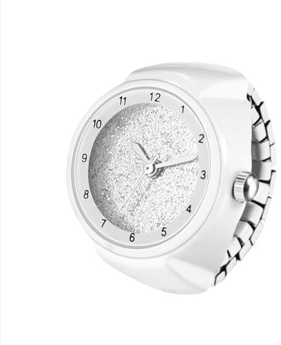 JewelryWe Fingeruhr Elastische Ringuhr Damen: Weiß Analog Quarz Fingerringuhr Edelstahl Stretchband Uhr Ring Unisex mit Zugband, Arabische Ziffernskala und Mattiert Zifferblatt