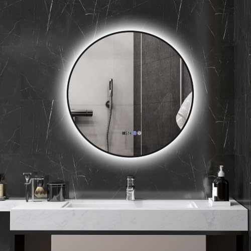 HOMCOM Specchio da Bagno con Luce LED Regolabile Anti Nebbia 70 cm Nero | Specchio Rotondo, Specchio da Parete, Smart Touch, Display Ora e Temperatura, Funzione Memoria, IP44