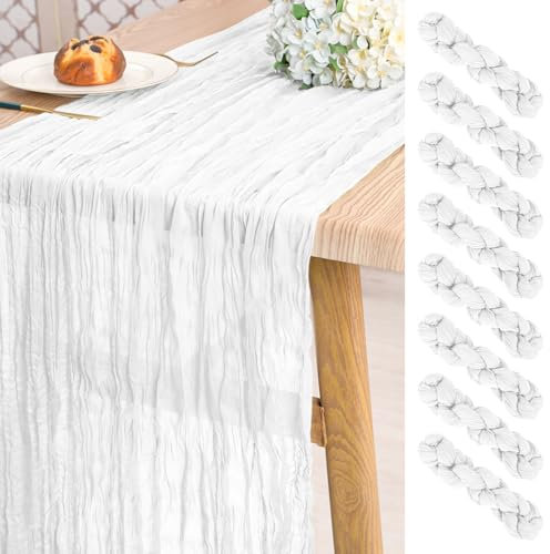 8 Stück Käsetuch Tischläufer-Weiß, 3 m langes Halbschatz-Rustikal-Boho-Tischläufer für Hochzeit, Brautdusche, Party, Bankettdekoration (55 x 300 cm)