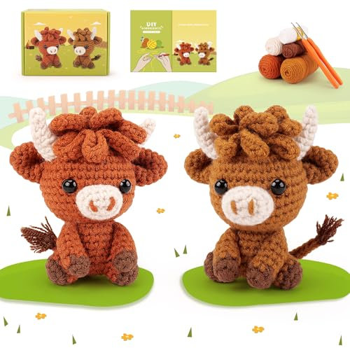 Fortuning's JDS Häkelset für Anfänger Strickset für Anfänger Erwachsene Hochland Kuh Häkeln Tier Kit Strickset mit Anleitung Hochlandrinder Häkelset Komplett Tier Häkeln Starter Kit