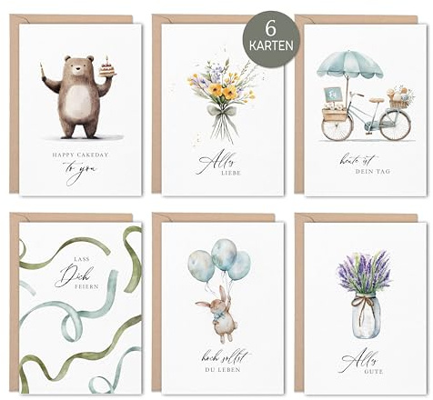 NORDEULE® 6x Geburtstagskarten Set mit Aquarellmotiv und Umschlag | Postkarten für Glückwunsch Geburtstag Meilenstein Erfolg (Geburtstag No.1)