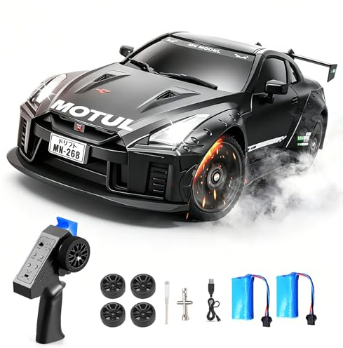 Hylukon MN-268 RC Drift Car, 1:16 Scale High Speed 20 KM/H Racing Drift Car with Gyro, LED Lights and Drift Tires, 2.4G Hobby RC Cars Gift for Adults and Teens (2 Batteries)
