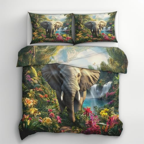 zcwl Elefant Dschungel Bettwäsche 135x200 2tlg, Tropisches Tier Wendebettwäsche und 1 Kissenbezüge 80x80, Weiche Mikrofaser Bettbezug mit Reißverschluss, Schlafzimmer Deko, Geschenke