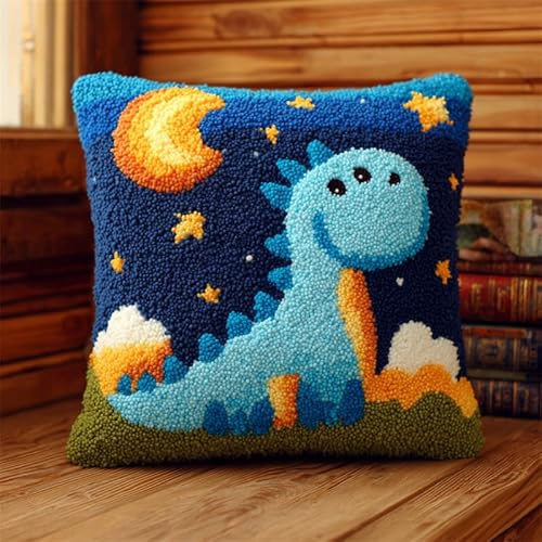 WallustrioaW Cartoon Style Animals DIY Latch Hook Pillow Kit,A Little Dinosaur Looking up at The Stars,Latch Hook for Beginner Gifts for Family Friends Needlework Crafts Latch Hook kit,17x17inch