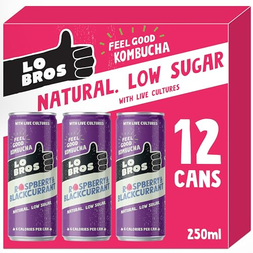Lo Bros Kombucha - Raspberry & Blackcurrant - Sparkling Refreshing Drink with Natural Ingredients and Live Cultures, Supports Gut Health, Low Sugar, Vegan, Gluten Free - 12 x 250ml